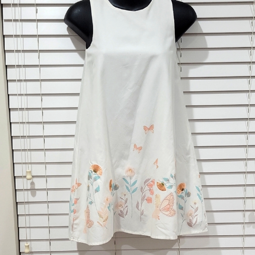 Shabby Chic White Sleeveless Dress with Floral and Butterfly Design